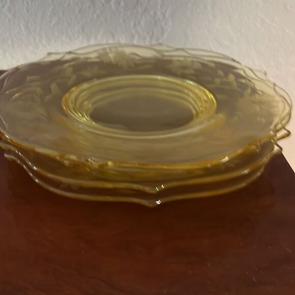 Lancaster Yellow Depression Glass Jubilee Floral Set of 4 Rare Luncheon Plates